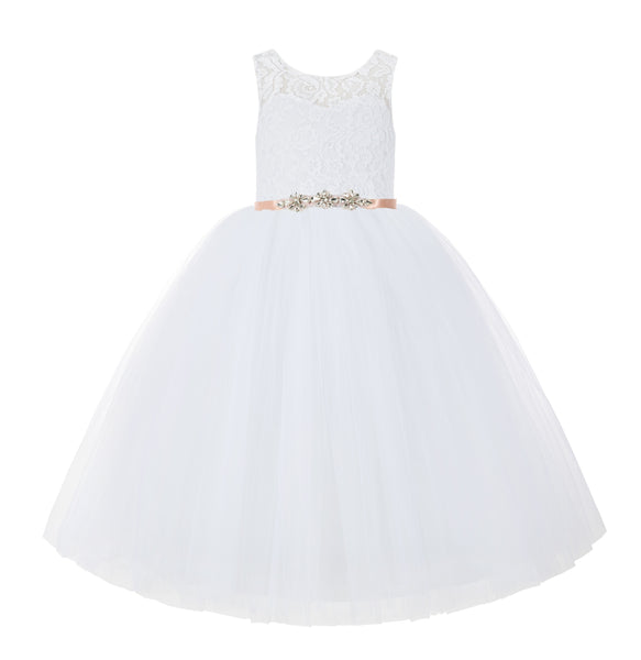 V-Back Lace Tulle Tutu Button Down Back Flower Girl Dress with Rhinestone Sash Communion Gown 212R4