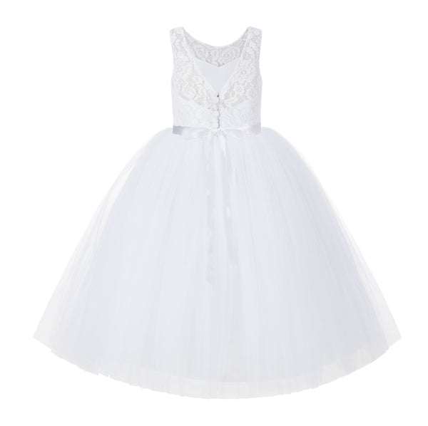 V-Back Lace Tulle Tutu Button Down Back Flower Girl Dress with Rhinestone Sash Communion Gown 212R4