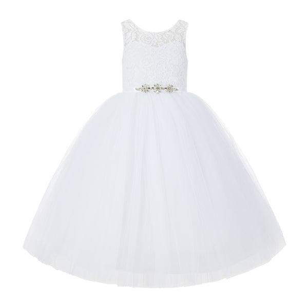 V-Back Lace Tulle Tutu Button Down Back Flower Girl Dress with Rhinestone Sash Communion Gown 212R4