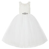 V-Back Illusion Lace Flower Girl Dresses with Rhinestone Ribbon for Formal Photoshoots 212R5thin