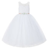 V-Back Illusion Lace Flower Girl Dresses with Rhinestone Ribbon for Formal Photoshoots 212R5thin