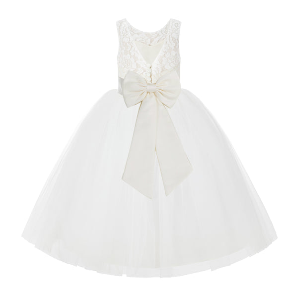 V-Back Ivory Lace Tulle Flower Girl Dress with Bow Sash Toddlers Baptism Mini Bridal Gown 212noFT(5)