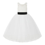 V-Back Ivory Lace Tulle Flower Girl Dress with Bow Sash Toddlers Baptism Mini Bridal Gown 212noFT(4)