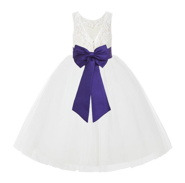 V-Back Ivory Lace Tulle Flower Girl Dress with Bow Sash Toddlers Baptism Mini Bridal Gown 212noFT(3)