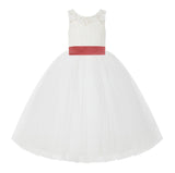 V-Back Ivory Lace Tulle Flower Girl Dress with Bow Sash Toddlers Baptism Mini Bridal Gown 212noFT(4)