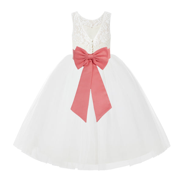 V-Back Ivory Lace Tulle Flower Girl Dress with Bow Sash Toddlers Baptism Mini Bridal Gown 212noFT(4)