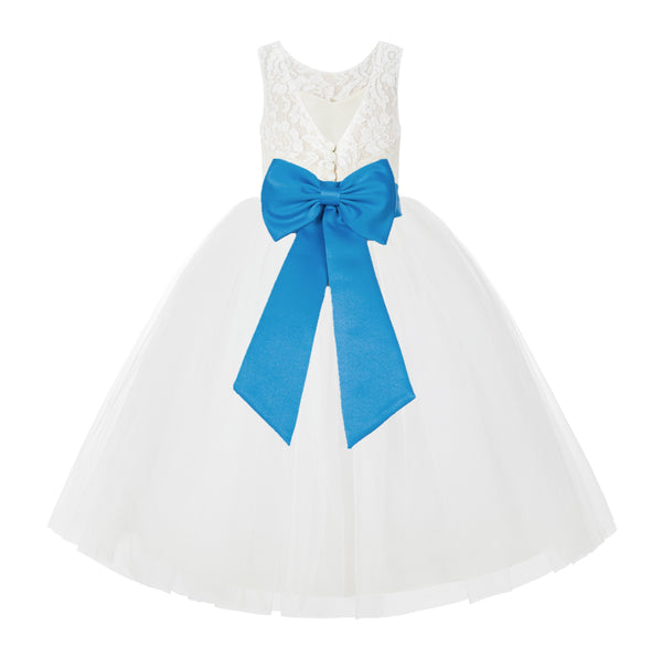 V-Back Ivory Lace Tulle Flower Girl Dress with Bow Sash Toddlers Baptism Mini Bridal Gown 212noFT(3)