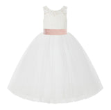 V-Back Ivory Lace Tulle Flower Girl Dress with Bow Sash Toddlers Baptism Mini Bridal Gown 212noFT(1)