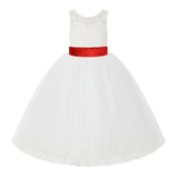 V-Back Ivory Lace Tulle Flower Girl Dress with Bow Sash Toddlers Baptism Mini Bridal Gown 212noFT(3)