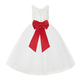 V-Back Ivory Lace Tulle Flower Girl Dress with Bow Sash Toddlers Baptism Mini Bridal Gown 212noFT(3)