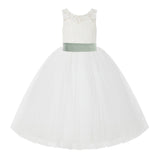 V-Back Ivory Lace Tulle Flower Girl Dress with Bow Sash Toddlers Baptism Mini Bridal Gown 212noFT(3)