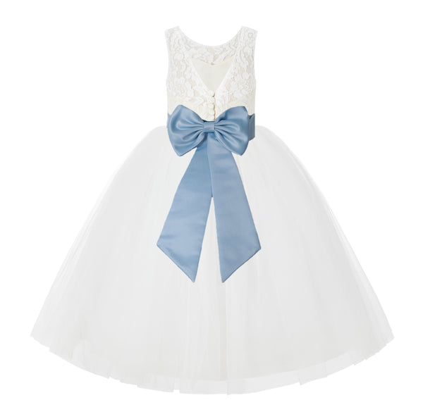 V-Back Ivory Lace Tulle Flower Girl Dress with Bow Sash Toddlers Baptism Mini Bridal Gown 212noFT(2)