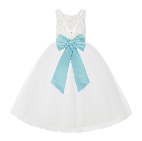 V-Back Ivory Lace Tulle Flower Girl Dress with Bow Sash Toddlers Baptism Mini Bridal Gown 212noFT(2)