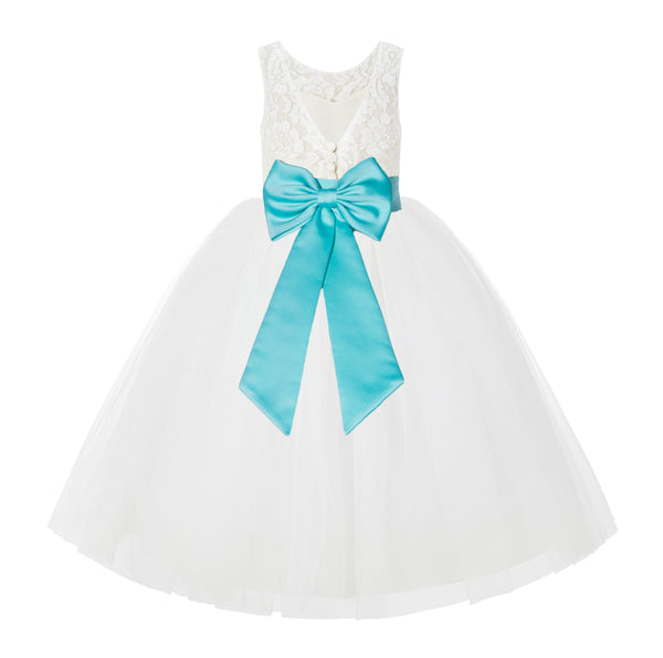 V-Back Ivory Lace Tulle Flower Girl Dress with Bow Sash Toddlers Baptism Mini Bridal Gown 212noFT(2)