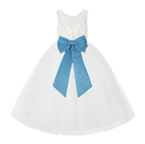 V-Back Ivory Lace Tulle Flower Girl Dress with Bow Sash Toddlers Baptism Mini Bridal Gown 212noFT(2)