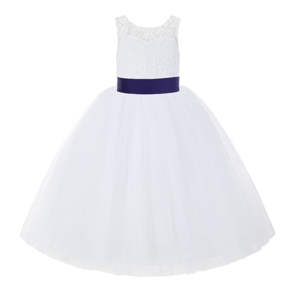 V-Back White Lace Tutu Flower Girl Dress with Tiebow for Wedding Pageant Gown Toddlers 212noFT(3)