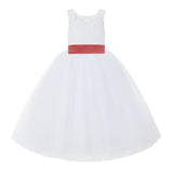 V-Back White Lace Tutu Flower Girl Dress with Tiebow for Wedding Pageant Gown Toddlers 212noFT(5)