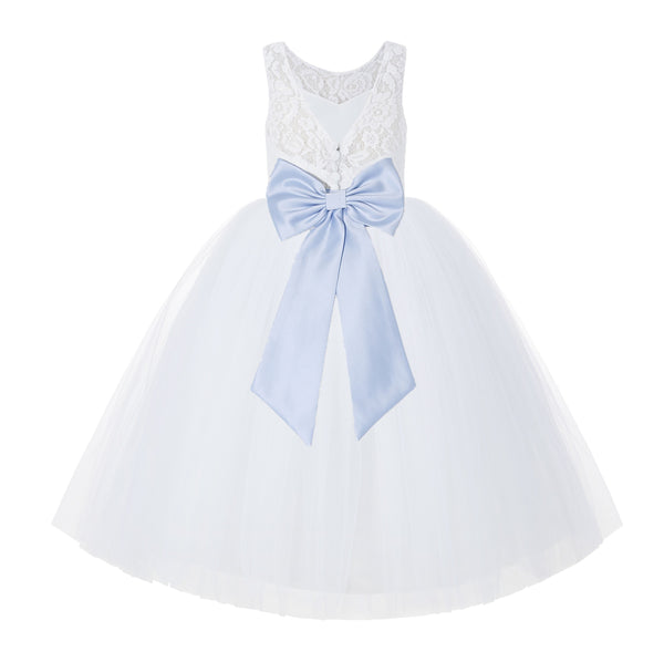 V-Back White Lace Tutu Flower Girl Dress with Tiebow for Wedding Pageant Gown Toddlers 212noFT(5)