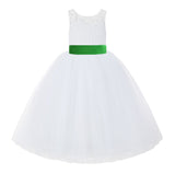 V-Back White Lace Tutu Flower Girl Dress with Tiebow for Wedding Pageant Gown Toddlers 212noFT(3)