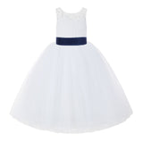 V-Back White Lace Tutu Flower Girl Dress with Tiebow for Wedding Pageant Gown Toddlers 212noFT(1)