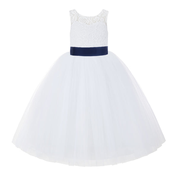 V-Back White Lace Tutu Flower Girl Dress with Tiebow for Wedding Pageant Gown Toddlers 212noFT(1)