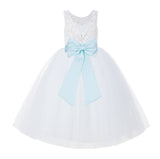 V-Back White Lace Tutu Flower Girl Dress with Tiebow for Wedding Pageant Gown Toddlers 212noFT(1)