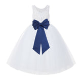 V-Back White Lace Tutu Flower Girl Dress with Tiebow for Wedding Pageant Gown Toddlers 212noFT(1)