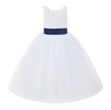 V-Back White Lace Tutu Flower Girl Dress with Tiebow for Wedding Pageant Gown Toddlers 212noFT(1)