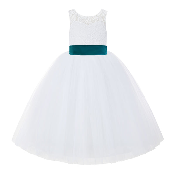 V-Back White Lace Tutu Flower Girl Dress with Tiebow for Wedding Pageant Gown Toddlers 212noFT(1)