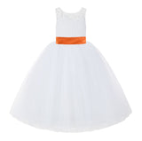 V-Back White Lace Tutu Flower Girl Dress with Tiebow for Wedding Pageant Gown Toddlers 212noFT(1)