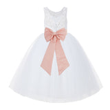 V-Back White Lace Tutu Flower Girl Dress with Tiebow for Wedding Pageant Gown Toddlers 212noFT(1)