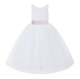 V-Back White Lace Tutu Flower Girl Dress with Tiebow for Wedding Pageant Gown Toddlers 212noFT(1)