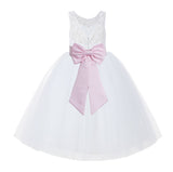 V-Back White Lace Tutu Flower Girl Dress with Tiebow for Wedding Pageant Gown Toddlers 212noFT(1)