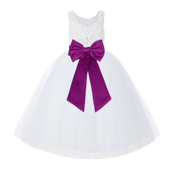 V-Back White Lace Tutu Flower Girl Dress with Tiebow for Wedding Pageant Gown Toddlers 212noFT(2)