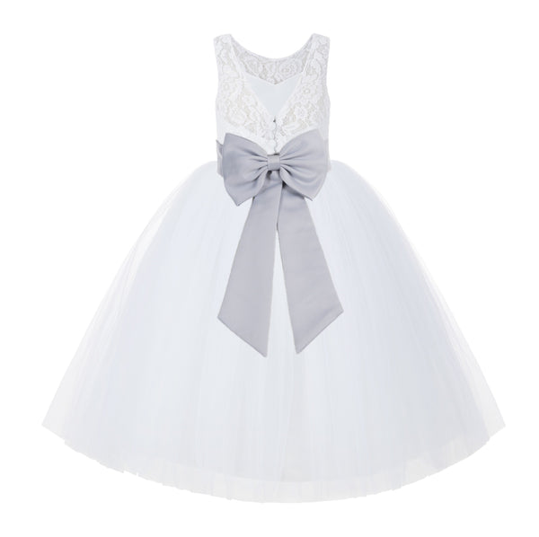 V-Back White Lace Tutu Flower Girl Dress with Tiebow for Wedding Pageant Gown Toddlers 212noFT(2)