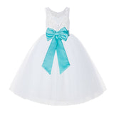 V-Back White Lace Tutu Flower Girl Dress with Tiebow for Wedding Pageant Gown Toddlers 212noFT(2)