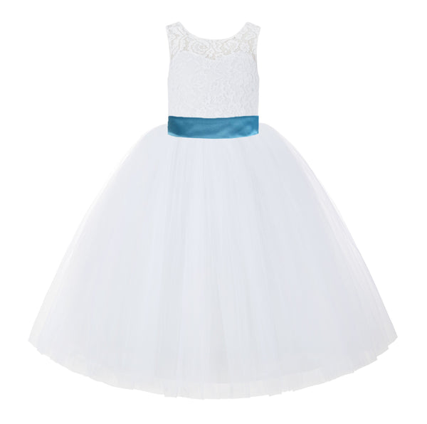 V-Back White Lace Tutu Flower Girl Dress with Tiebow for Wedding Pageant Gown Toddlers 212noFT(2)