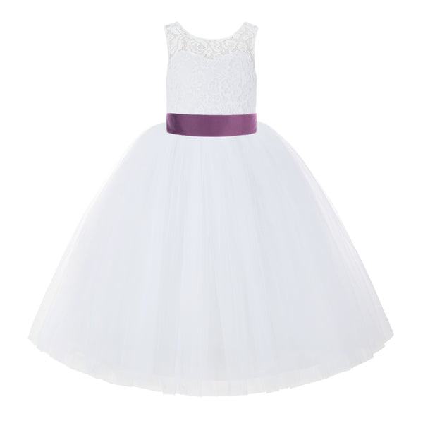 V-Back White Lace Tutu Flower Girl Dress with Tiebow for Wedding Pageant Gown Toddlers 212noFT(1)