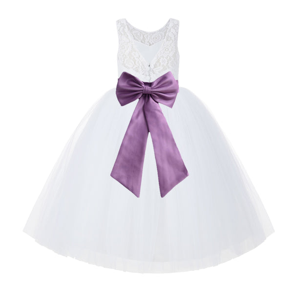 V-Back White Lace Tutu Flower Girl Dress with Tiebow for Wedding Pageant Gown Toddlers 212noFT(1)