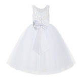 V-Back White Lace Tutu Flower Girl Dress with Tiebow for Wedding Pageant Gown Toddlers 212noFT(5)