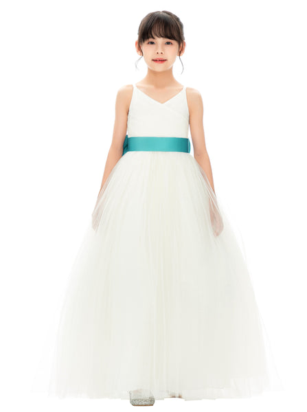 V-Neck Ivory Tulle Flower Girl Dress with Tiebow for Special Occasions Junior Bridesmaid 218noFT(1)