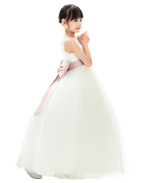 V-Neck Ivory Tulle Flower Girl Dress with Tiebow for Special Occasions Junior Bridesmaid 218noFT(1)