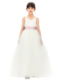 V-Neck Ivory Tulle Flower Girl Dress with Tiebow for Special Occasions Junior Bridesmaid 218noFT(1)