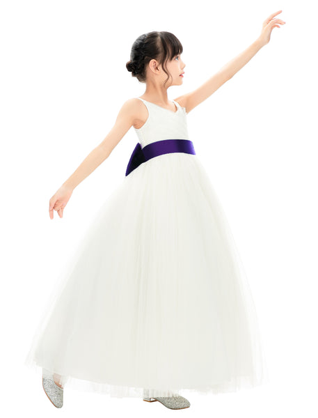 V-Neck Ivory Tulle Flower Girl Dress with Tiebow for Special Occasions Junior Bridesmaid 218noFT(1)