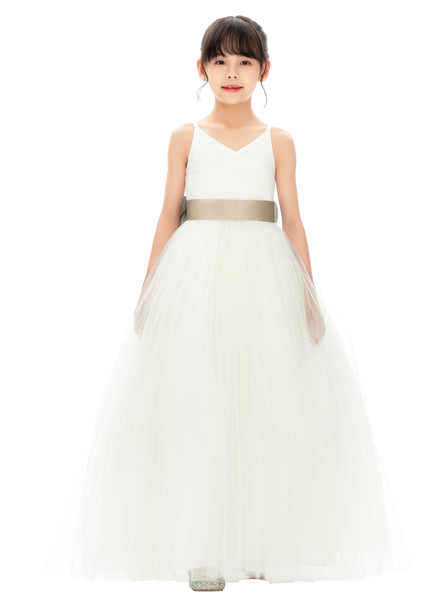 V-Neck Ivory Tulle Flower Girl Dress with Tiebow for Special Occasions Junior Bridesmaid 218noFT(1)