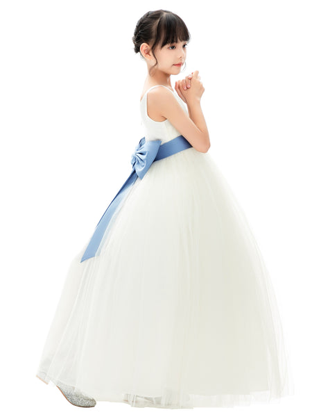 V-Neck Ivory Tulle Flower Girl Dress with Tiebow for Special Occasions Junior Bridesmaid 218noFT(1)