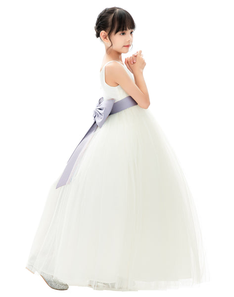 V-Neck Ivory Tulle Flower Girl Dress with Tiebow for Special Occasions Junior Bridesmaid 218noFT(2)