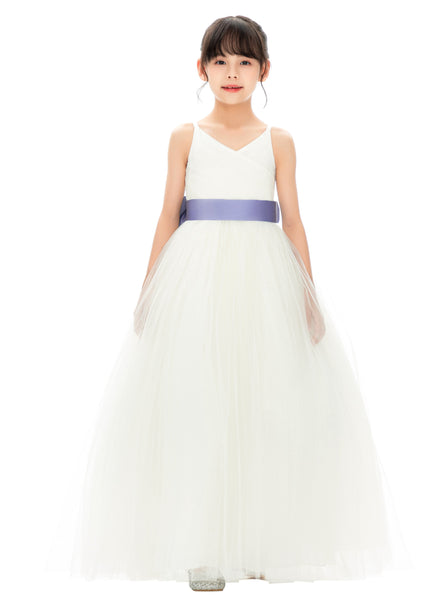 V-Neck Ivory Tulle Flower Girl Dress with Tiebow for Special Occasions Junior Bridesmaid 218noFT(2)