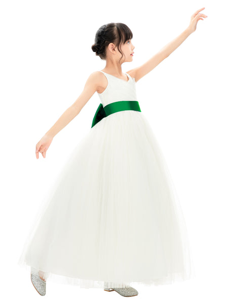 V-Neck Ivory Tulle Flower Girl Dress with Tiebow for Special Occasions Junior Bridesmaid 218noFT(2)