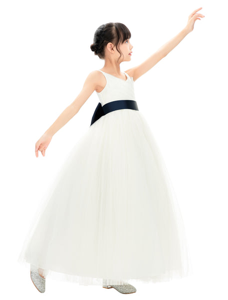 V-Neck Ivory Tulle Flower Girl Dress with Tiebow for Special Occasions Junior Bridesmaid 218noFT(2)